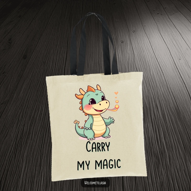Funny Smiling Dragon Tote Bag showcasing a happy dragon character playfully blowing a tiny puff of colorful smoke, perfect for carrying essentials.