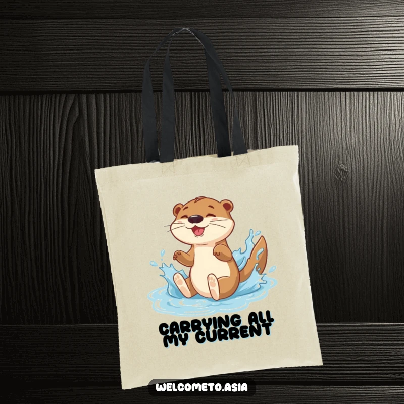 Funny tote bag featuring an energetic otter character gleefully sliding down a water feature, mid-splash and full of life.