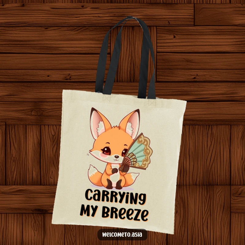 Funny Fox Fan Tote Bag: Curious fox with big ears, trying to wear an oversized ornate fan, stylish and practical.