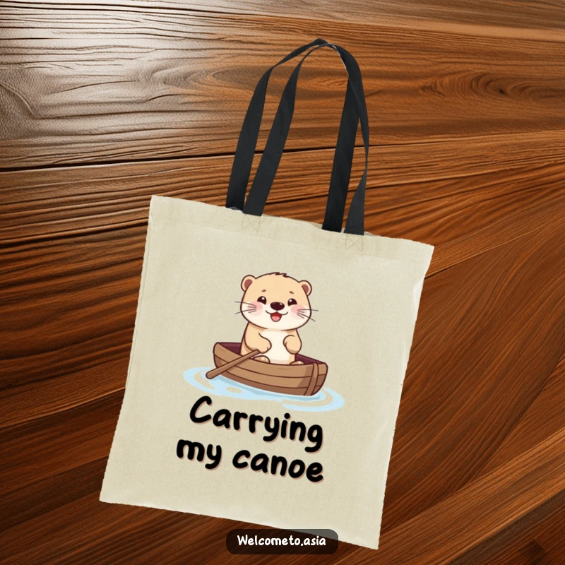 Funny tote bag depicting a smiling otter in a tiny boat, happily paddling through water, a charming and humorous accessory for daily use.