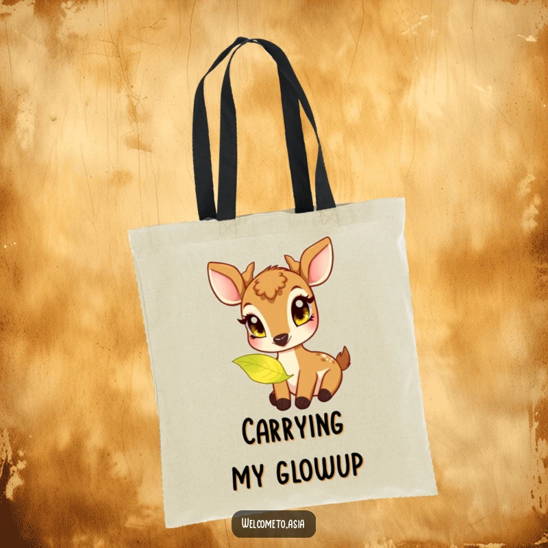 Funny tote bag showcasing a friendly deer with large, curious eyes nibbling on a beautiful, softly glowing leaf.