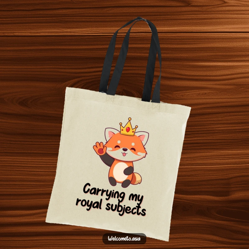 Funny Red Panda Tote Bag with a cute character wearing a small crown, waving enthusiastically, a royal companion.
