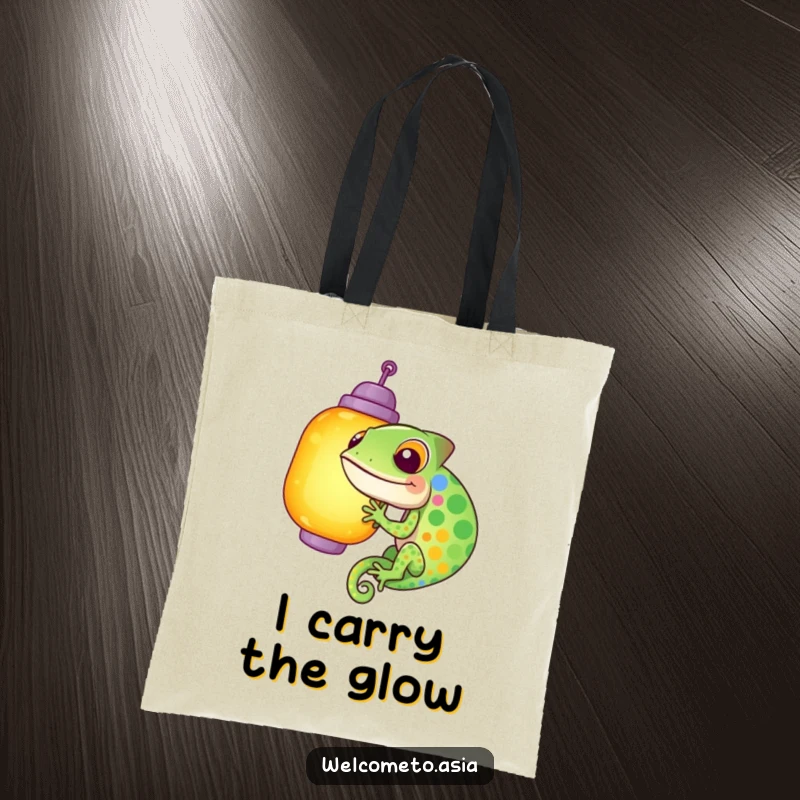 Funny tote bag with a giggling chameleon, colorful spots, attempting to blend into a bright lantern, a humorous and visually striking design.
