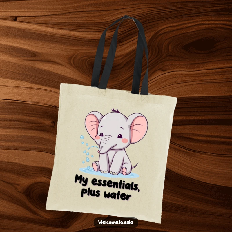 Funny tote bag featuring a cute elephant with tiny ears, joyfully spraying water, perfect for carrying essentials with humor.