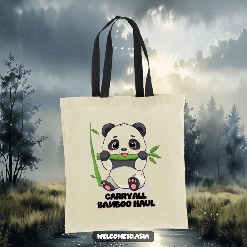 Funny Panda Tote Bag: A cheerful panda sits contentedly, happily munching on a huge stalk of vibrant green bamboo.