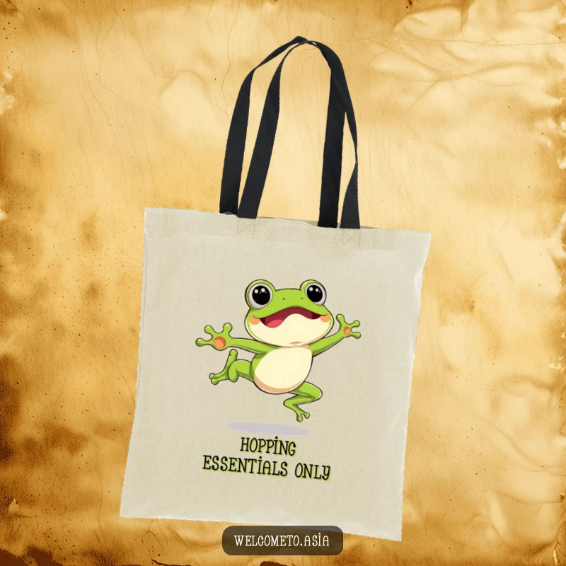 Funny Leaping Frog Tote Bag showcasing an excited frog character mid-air, perfect for carrying essentials with a smile.