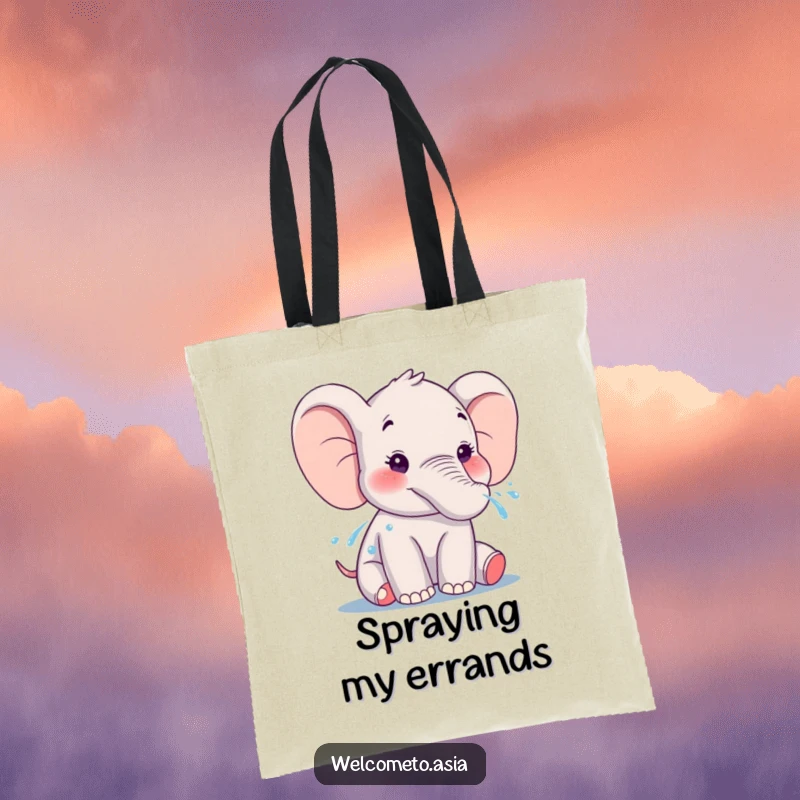 Funny Elephant Tote Bag: A smiling elephant gently sprays water from its trunk, bringing playful charm to your day.